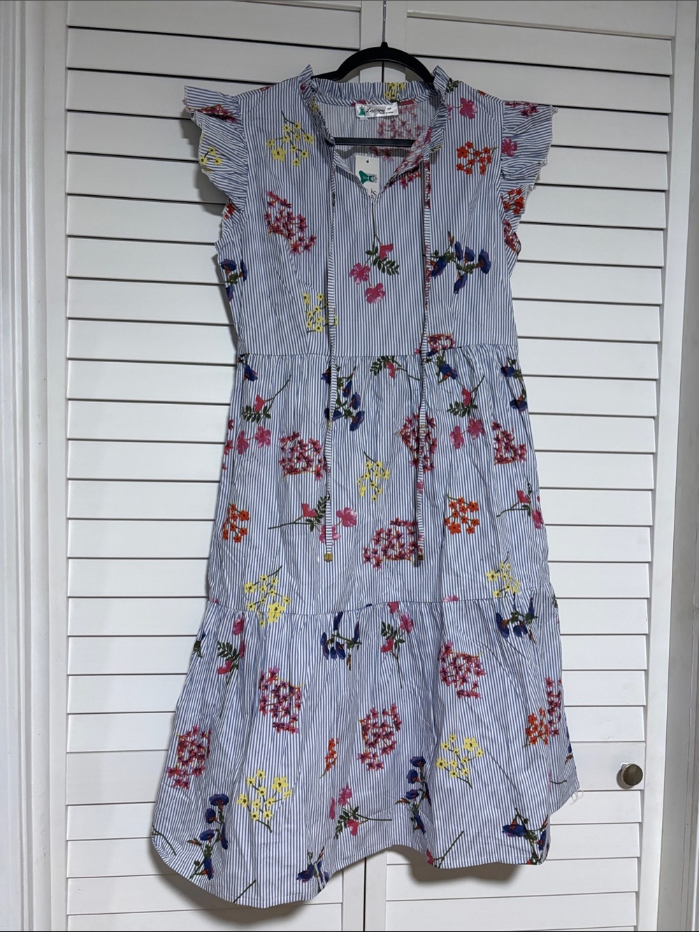 Women’s Blue Striped Floral Tie-Front Dress